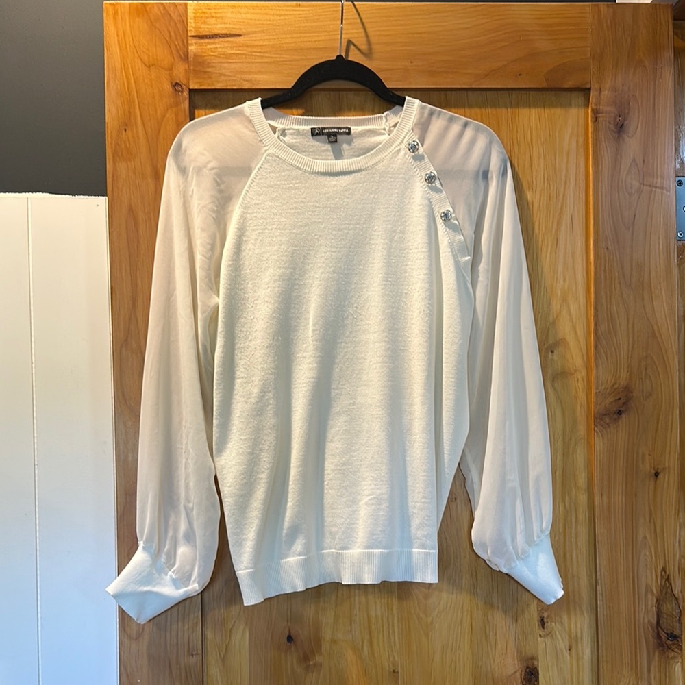 Adrianna Papell White Sweater with Sheet Puff Sleeves and Rhinestone Buttons